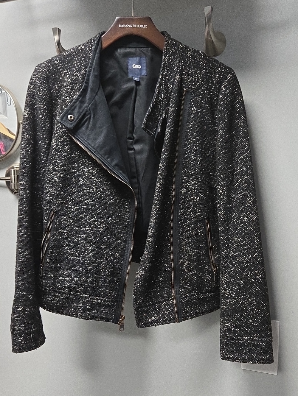 GAP Black Tweed Zip-Front Bomber Jacket
